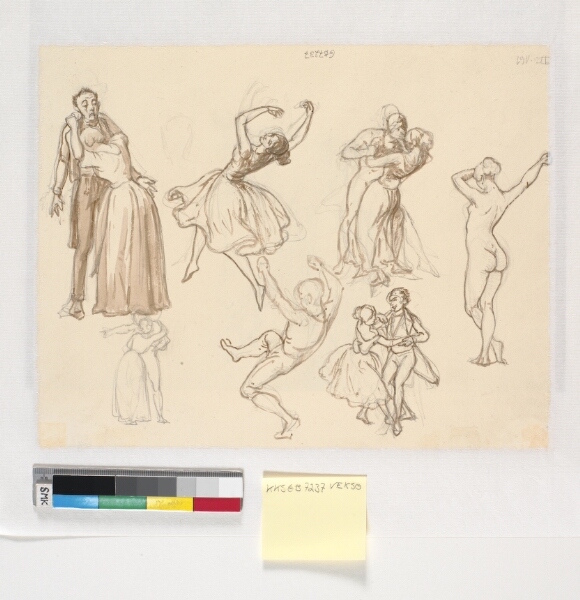 Wilhelm Marstrand, Syv figurstudier, dansende, model, grædende kvinde med armene om halsen på opgivende udseende mand