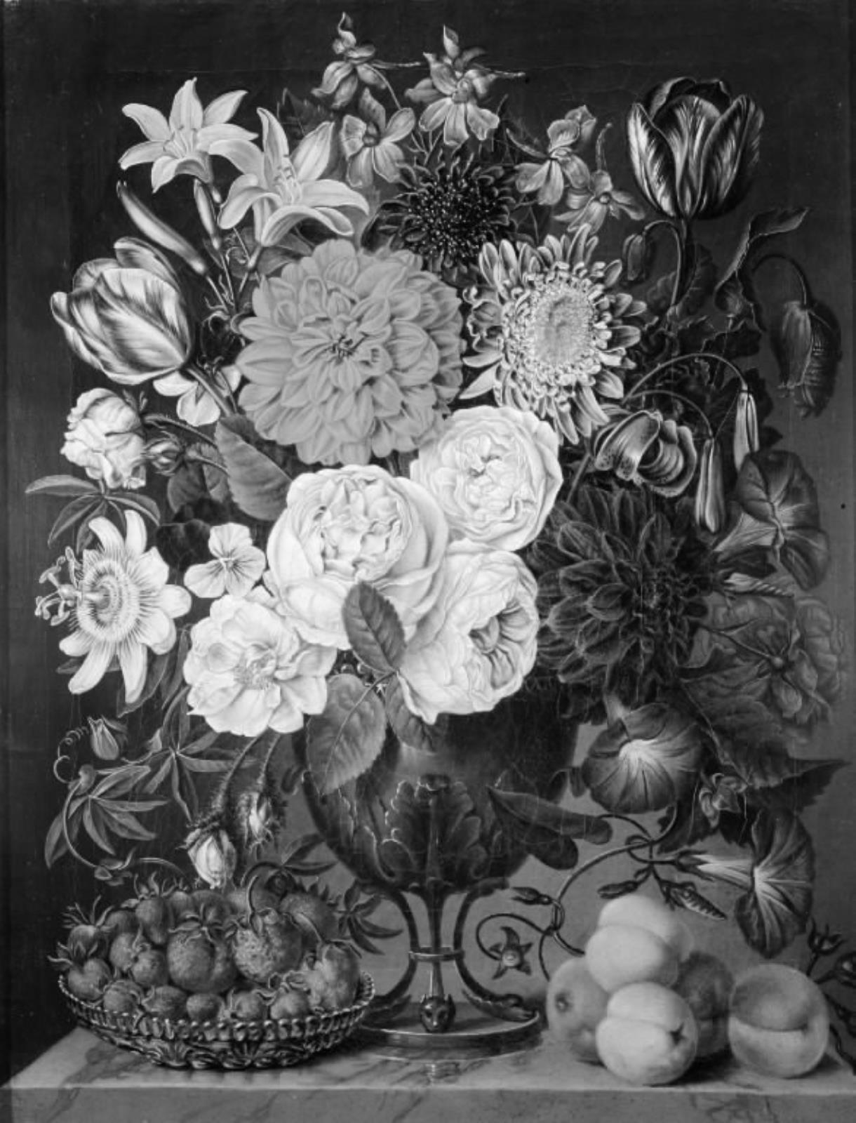 Carl Christian Seydewitz, Blomster i en trefodet vase og en skål med jordbær