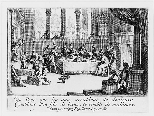 Jacques Callot, Le Partage des Biens, pièce appelée aussi L'Enfant Prodigue Reçoit sa Part d'Héritage (The Dividing of Assets, also called The Prodigal Son Receiving His Inheritance), from "L'Enfant Prodigue" (The Prodigal Son)