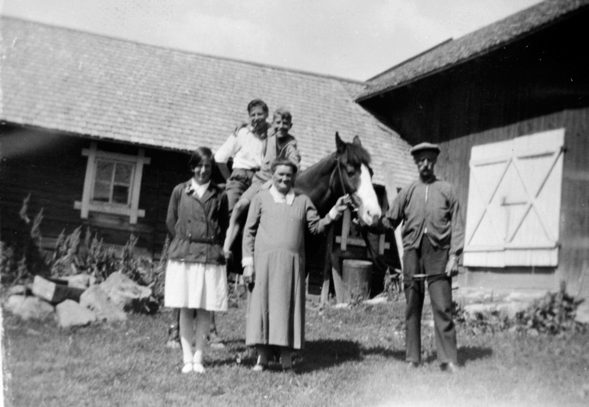 Anno Domkirkeodden, Elisa Bye og Johan Bye holder hesten på Bye østre, Ring, Ringsaker. Elise døde i 1942. Johan døde i 1953.