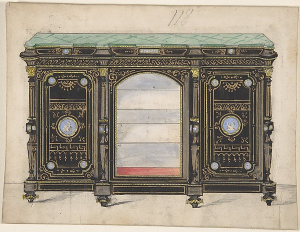 Anonymous, British, 19th century, Cabinet Design with Glass Front, its Doors Adorned with Porcelain Plaques, with a Green Top