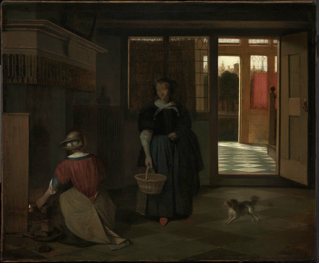 Pieter de Hooch, Interior of a Dutch house with a woman kneeling by a fire conversing with a woman standing