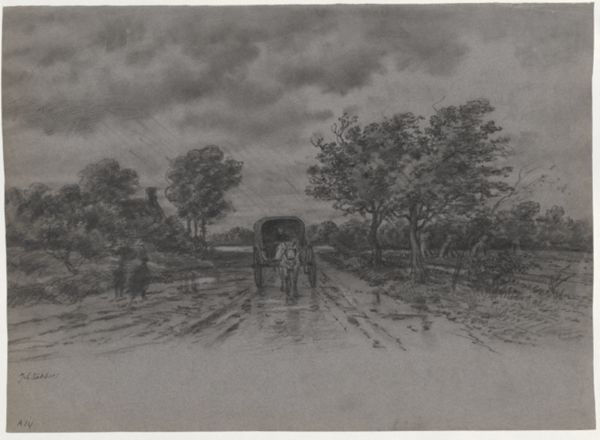 Kikkert, Jan Elias, (1843-1925), (artist), Country road with a horse drawn carriage on a rainy day