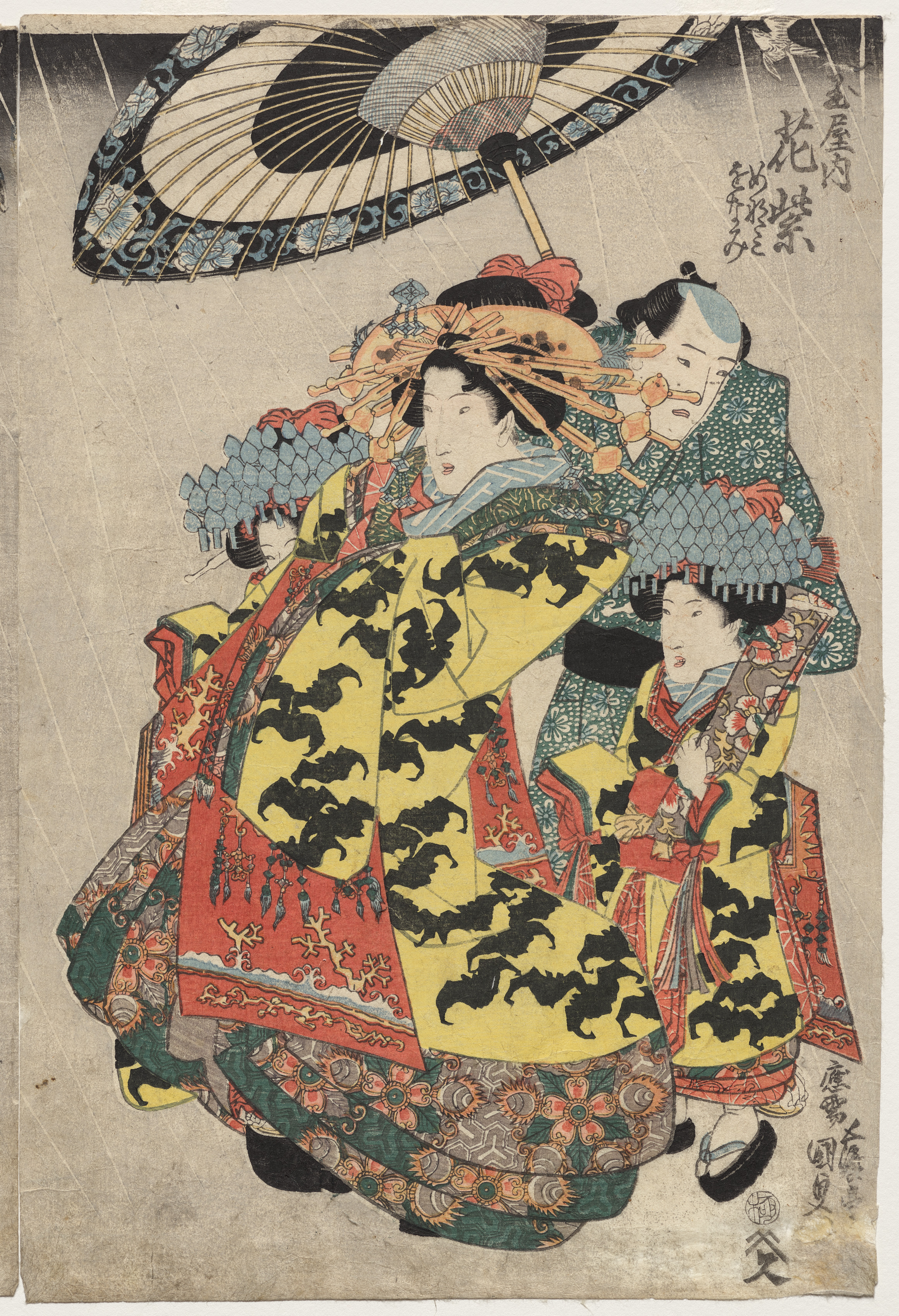 Utagawa Kunisada, The Courtesans Hanamurasaki and Koshikibu of the Tamaya Promenading in the Rain