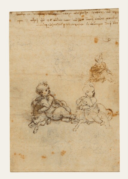Leonardo da Vinci, Studies for the Christ Child with a Lamb (recto); Head of an Old Man, and Studies of Machinery (verso)