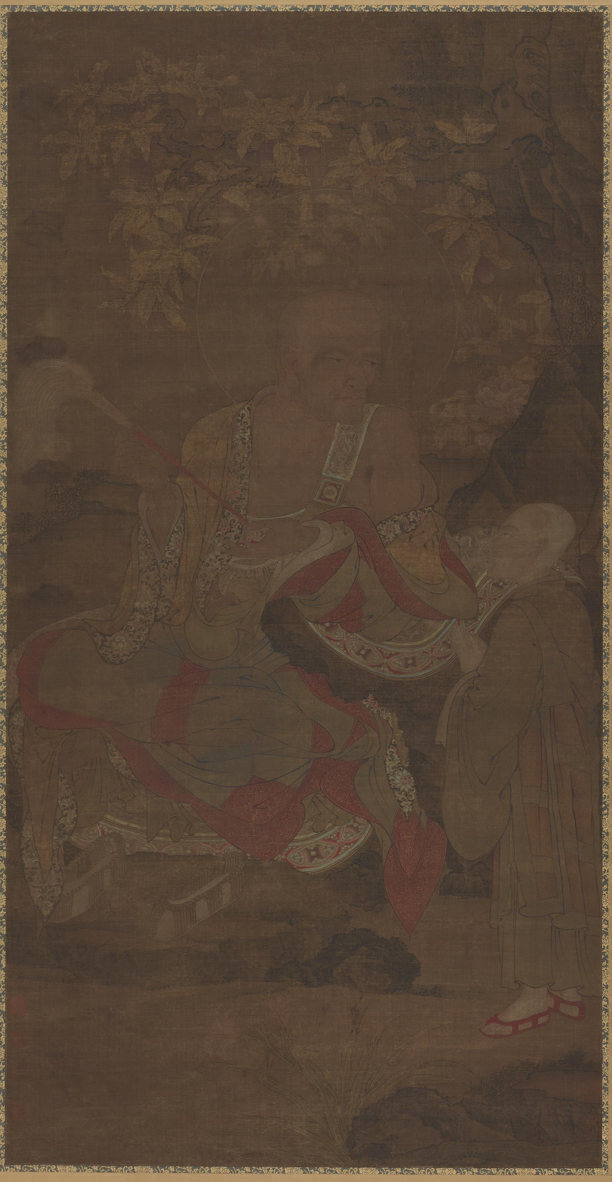 Formerly attributed to Wu Daozi, Luohan holding a fly whisk, with attendant 拂塵羅漢像