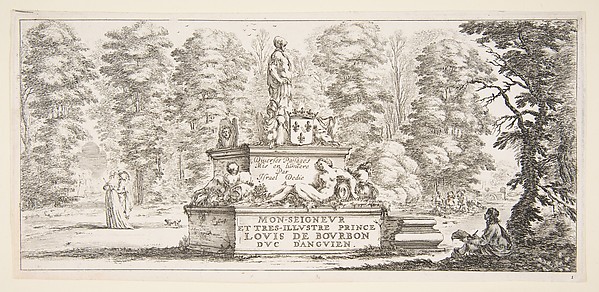 Stefano della Bella, Plate 1: a monument with statues and a coat of arms in the center, a draughstman on the ground beneath a tree to right, two groups of lovers to left in the background, from 'Various landscapes' (Divers paysages)