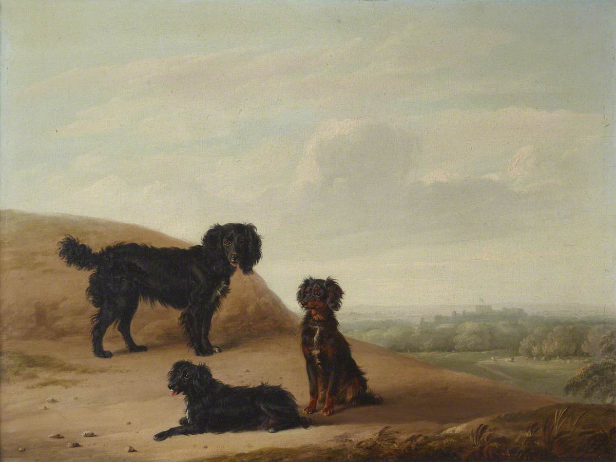 Edmund Bristow, Three Sporting Dogs in a Landscape, with a Distant View of Windsor Castle