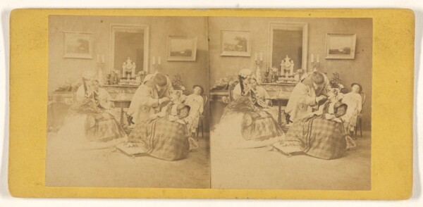 Unknown, [Man looking mouth of a woman in a parlor, other women observing]