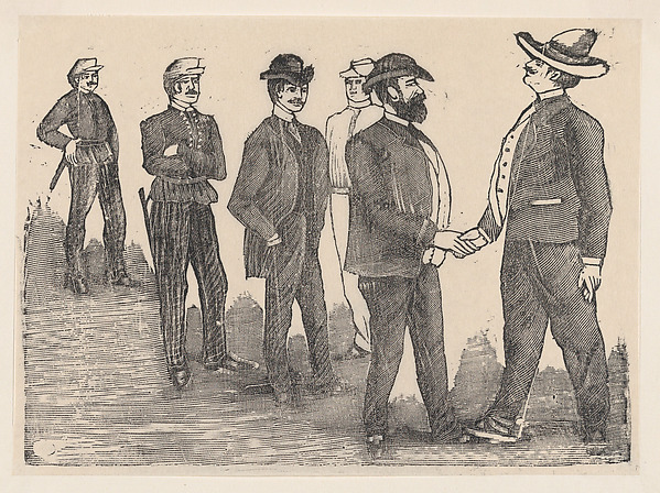 José Guadalupe Posada, Two men shaking hands in the foreground and officers watching them in the background