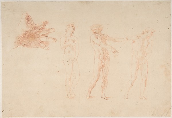 Pompeo Batoni, Three Nude Male Figures; Study of the Right Hand of the Figure on the Left