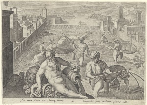 Galle, Philippe, (1537-1612), (printmaker), The hunting parties: Fishing with concave nets in the river Arno