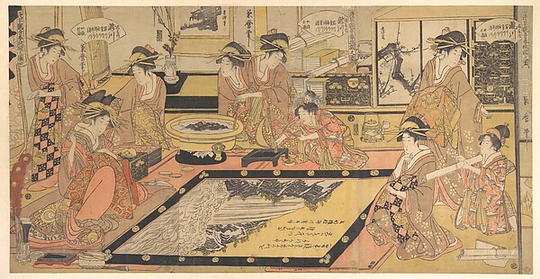 Kitagawa Kikumaro, A Votive Picture to Be Donated to the Kannon of Asakusa (Asakusa Kannon hō kakegaku no zu), by Takigawa of the Ōgiya, Kamuro Menami and Onami, with Tomikawa, Kumegawa, Tamagawa, Tsugawa, Utagawa, and Kiyokawa