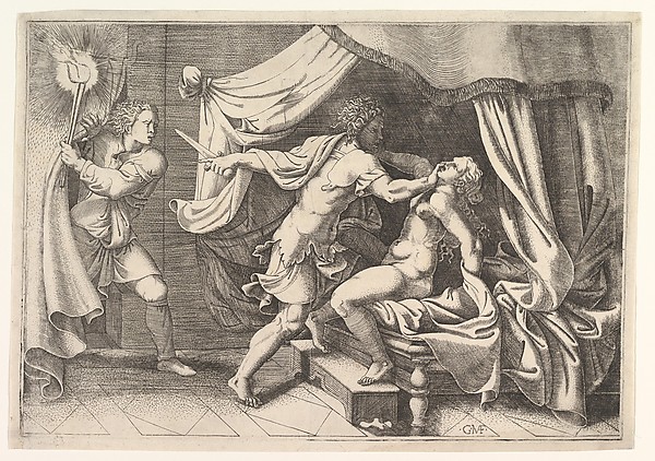 Giorgio Ghisi, Tarquin attacking Lucretia, a servant at left witnessing the scene