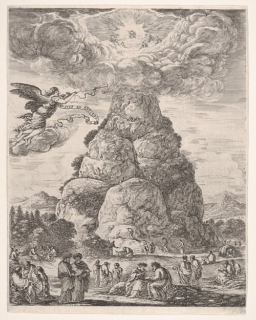 Stefano della Bella, Rock of the Philosphers, or Mount Parnassus, many ancient philosophers gathered in groups at the base of the mountain in the foreground, Diogenes in his barrel to right and Archimedes in center studying an armillary sphere in the middleground, an angel in the sky to left, the mountain in the backgr…