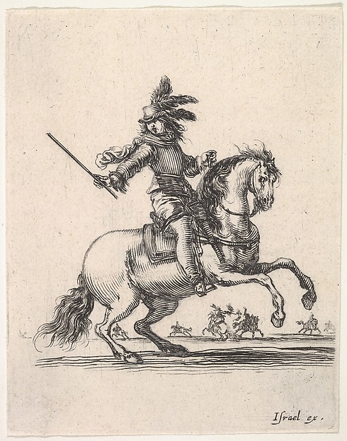 Stefano della Bella, A commander on horseback, giving orders and motioning to the right, other horsemen in the background, two of which are engaged in a duel with pistols, from "Various cavalry exercises" (Diverses exercices de cavalerie)