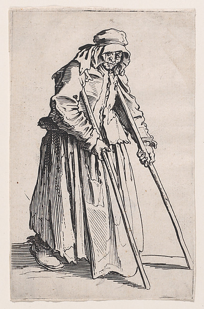 Jacques Callot, La Mendiante aux Béquilles (The Female Beggar with Crutches), from "Les Gueux suite appelée aussi Les Mendiants, Les Baroni, ou Les Barons" (The Beggars, also called the Barons)