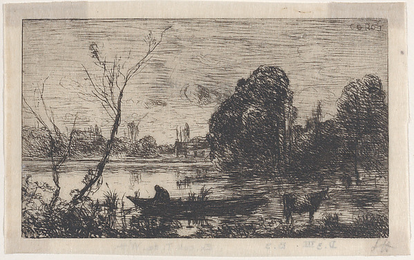 Camille Corot, Ville d'Avray: Boatman on a Pond (Evening Effect)