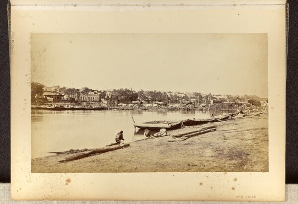 Samuel Bourne, Muttra; From the Opposite Bank of the Jumna, Bridge of Boats in the Foreground