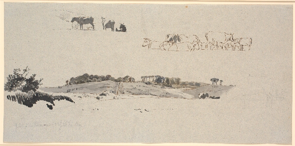 Johan Thomas Lundbye, Studieblad, Grøntved. F.n. bakket landskab med træer, f.o. grupper af kvæg