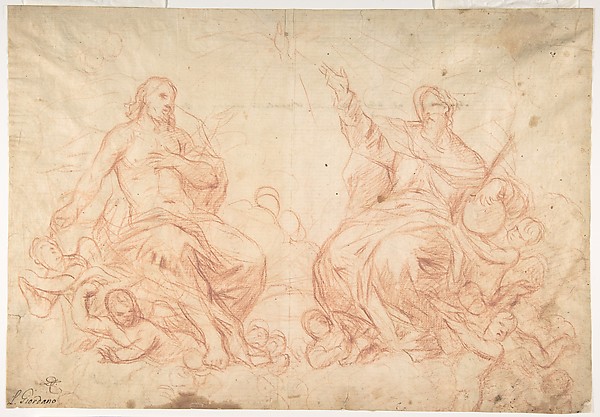 Luca Giordano, The Holy Trinity (recto); Studies of Seated Female Figures (the Virgin and another Saint?) (verso)
