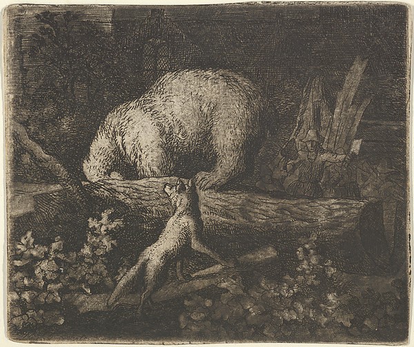 Allart van Everdingen, The Bear with His Snout and Forepaws Caught in the Trunk of a Tree from Hendrick van Alcmar's Renard The Fox