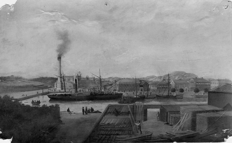 Unknown artist, Norra Hamngatan med Kampenhof och ångbåten Uddewalla