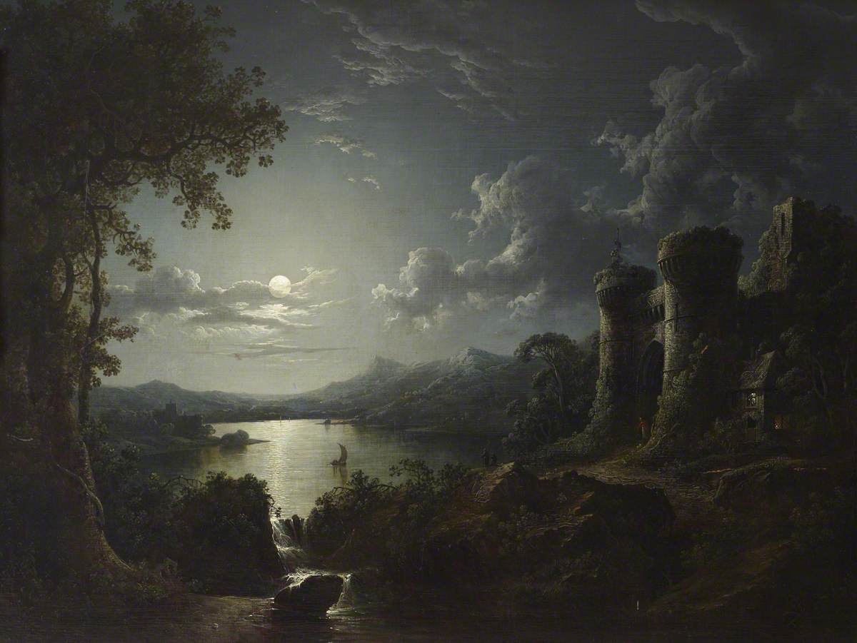 Sebastian Pether, Moonlit River Landscape with a Monumental Gateway