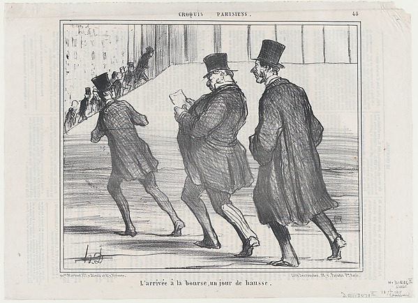 Honoré Daumier, L'arrivée à la bourse, un jour de hausse, from Croquis Parisiens, published in Le Charivari, September 18, 1858