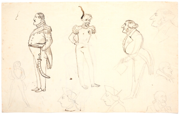 P.C. Skovgaard, Karikatur af Frederik VII og andre, bl.a. Grundtvig, sandsynligvis Orla Lehmann m.fl.