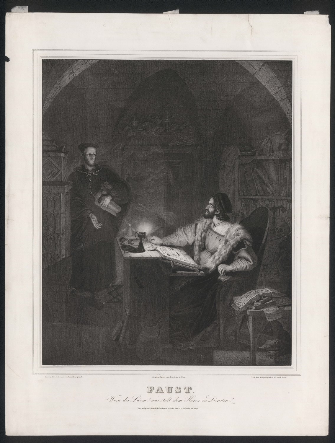Ludwig Ferdinand Schnorr von Carolsfeld, Faust. Wozu der Lärm? Was steht dem Herrn zu Diensten?. Mephisto tritt hinter dem Ofen hervor