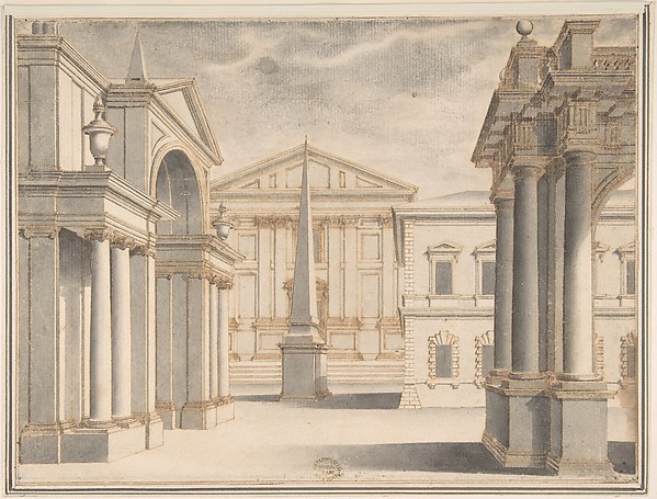 Anonymous, Italian, 16th century, Piazza with Obelisk