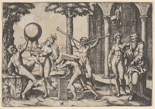 Marcantonio Raimondi, A man with two trumpets in the centre flanked by other figures including an old and a young man at right