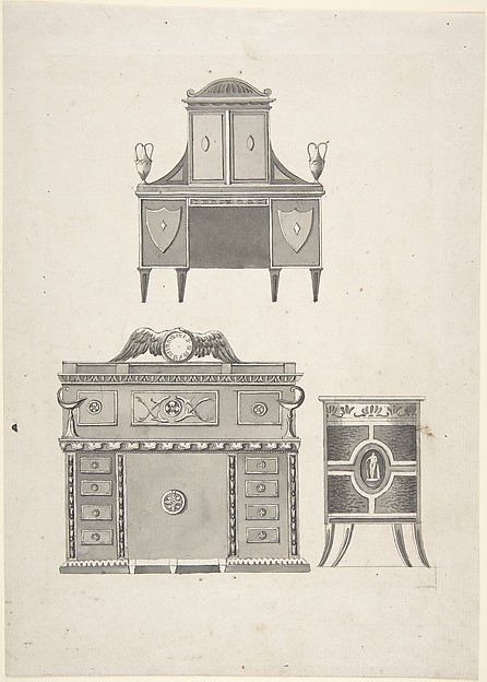 Anonymous, Designs for furniture in a variation on the style of Thomas Sheraton, a breakfront, a sideboard, and a low cupboard