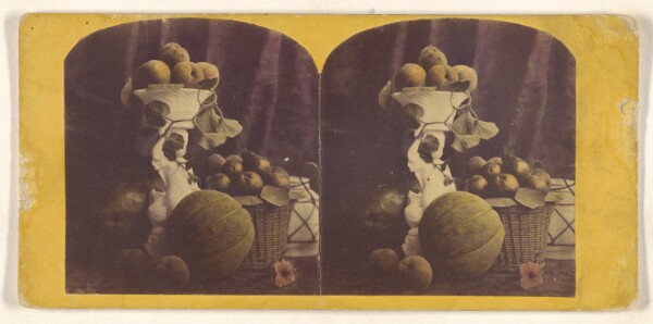 Unknown, [Basket and vase filled with fruit, cantalope at base]