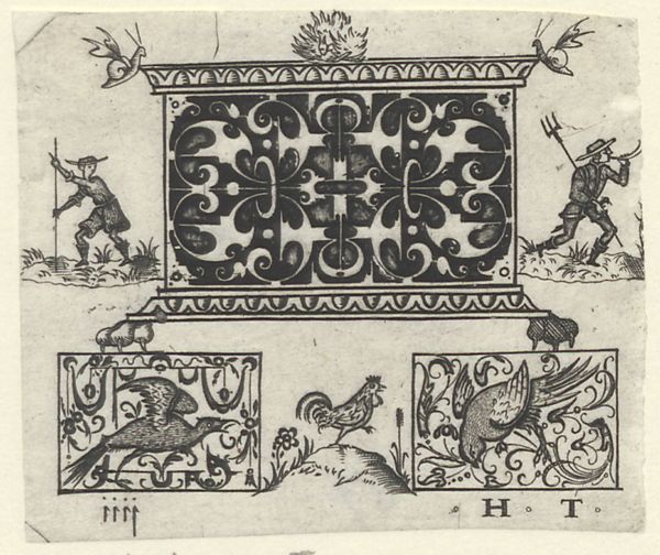 Toutin, Henri, (1614-1683?), (printmaker), Blackwork ornaments: A rectangle ornament flanked by two herdsmen and bird motifs