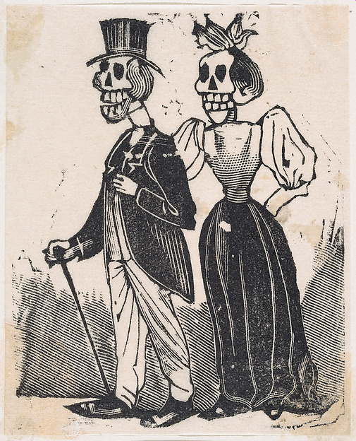 José Guadalupe Posada, Two elegantly dressed skeletons walking, from a broadside entitled, 'El Gran Panteon Amoroso,' published by Antonio Vanegas Arroyo.