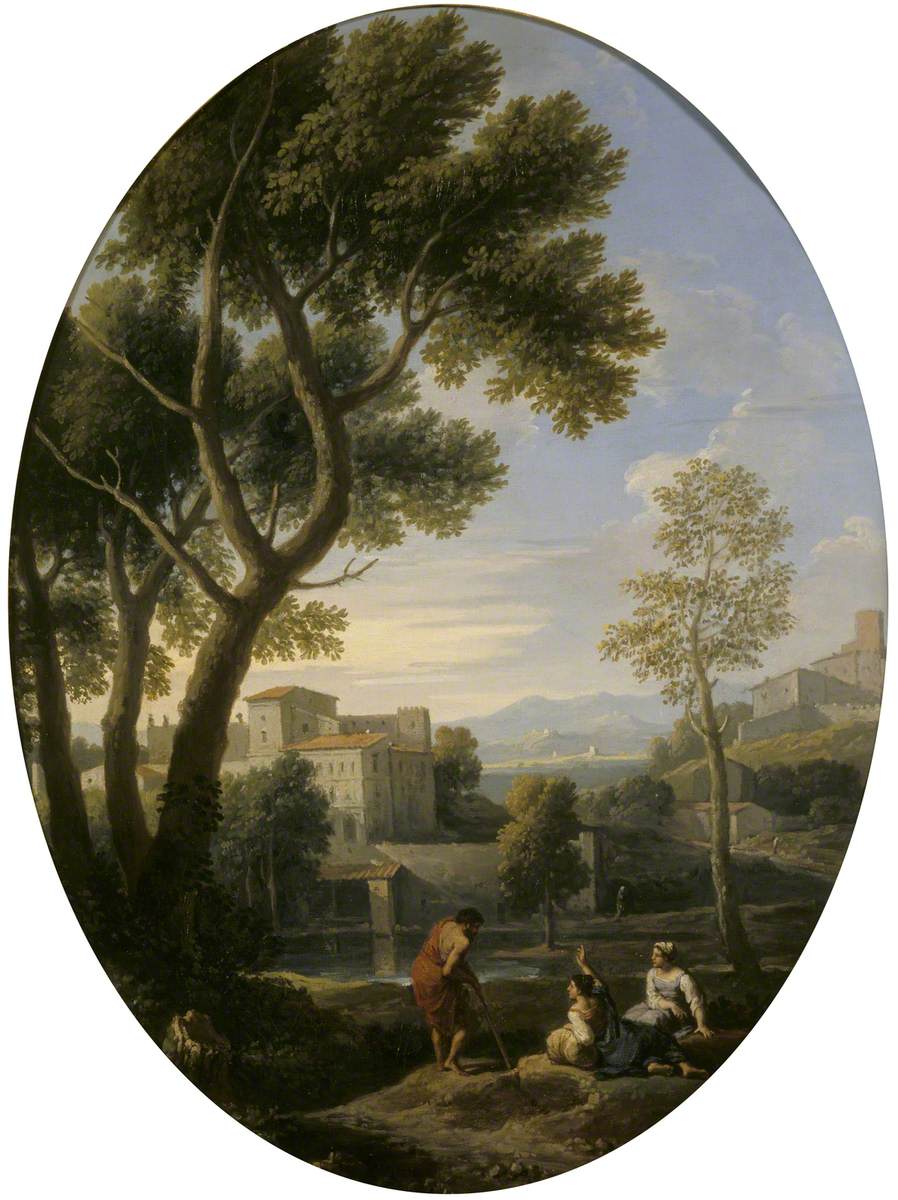 Jan Frans van Bloemen, Classical Landscape with a Man and Two Women conversing, a Villa in the Distance