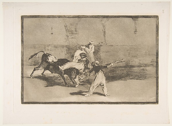 Goya (Francisco de Goya y Lucientes), A Moor Caught by the Bull in the ring, plate 8 from "La Tauromaquia"