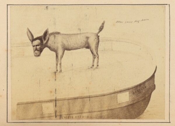 Unknown, [Drawing of a donkey with a man's head, standing on a boat.]