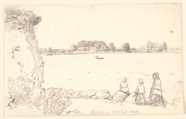 P.C. Skovgaard, En dame og to børn ved Guldborg Sund. Nykøbing Falster.