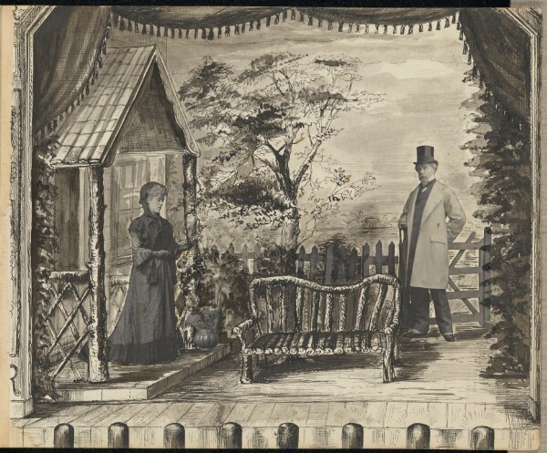 Unknown, [Tableau vivant of a man and woman on a theatrical stage]