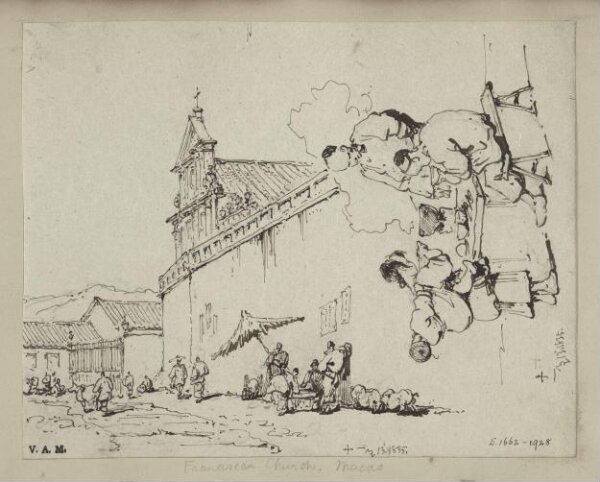 George Chinnery, The church of S. Domingos, Macau; and three figures at a food stall