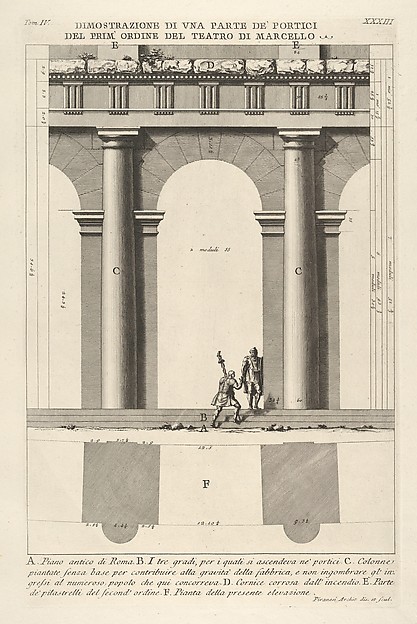 Giovanni Battista Piranesi, Partial elevation and plan of the first-order portico at the Theater of Marcellus (Dimostrazione di una parte de' portici del prim' ordine del Teatro di Marcello), from "Le Antichità Romane"