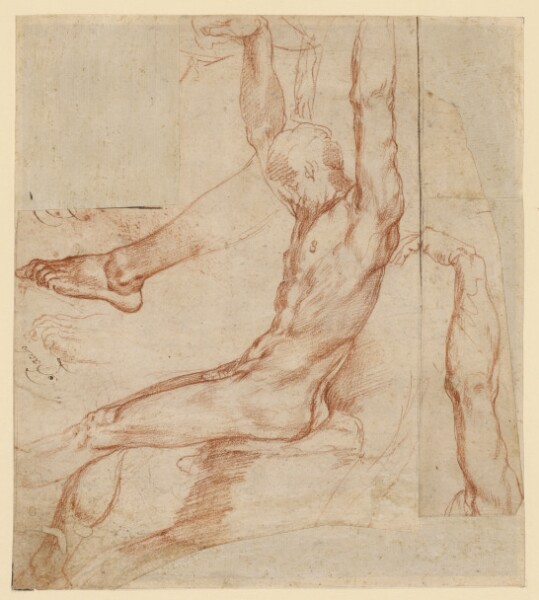 Polidoro da Caravaggio, Study of a Man with Various Sketches (recto); Study of a Man's Draped Leg (verso)