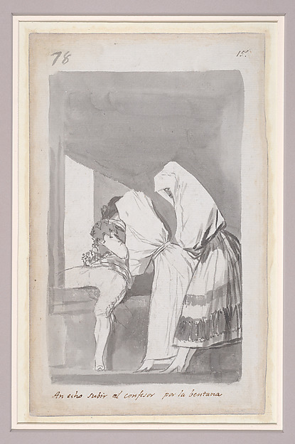 Goya (Francisco de Goya y Lucientes), Two women helping a confessor to climb through a window; folio 78 (verso) from the Madrid Album "B"
