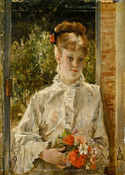 Alfred Stevens, Young Woman in White Holding a Bouquet