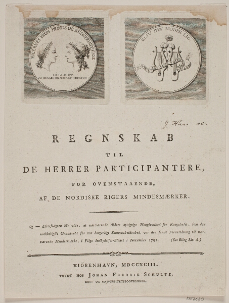 Georg Haas, Titelblad til "Regnskab til de herrer participantere, for ovenstående af de nordiske rigers mindesmærker"