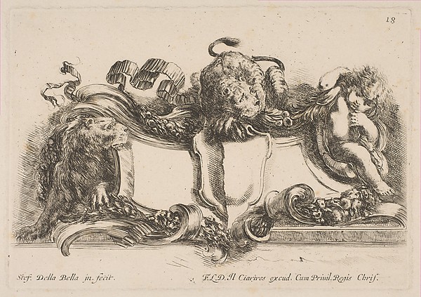 Stefano della Bella, Cartouche Containing an Empty Shield Surmounted by a Lion and Framed by a Lion and a Child