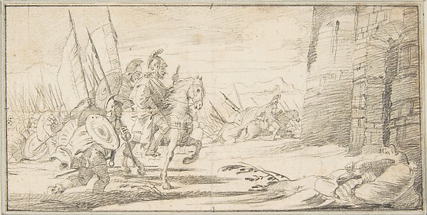 Giovanni Battista Tiepolo, Illustration for a Book:  Troops Advancing toward a City Gate